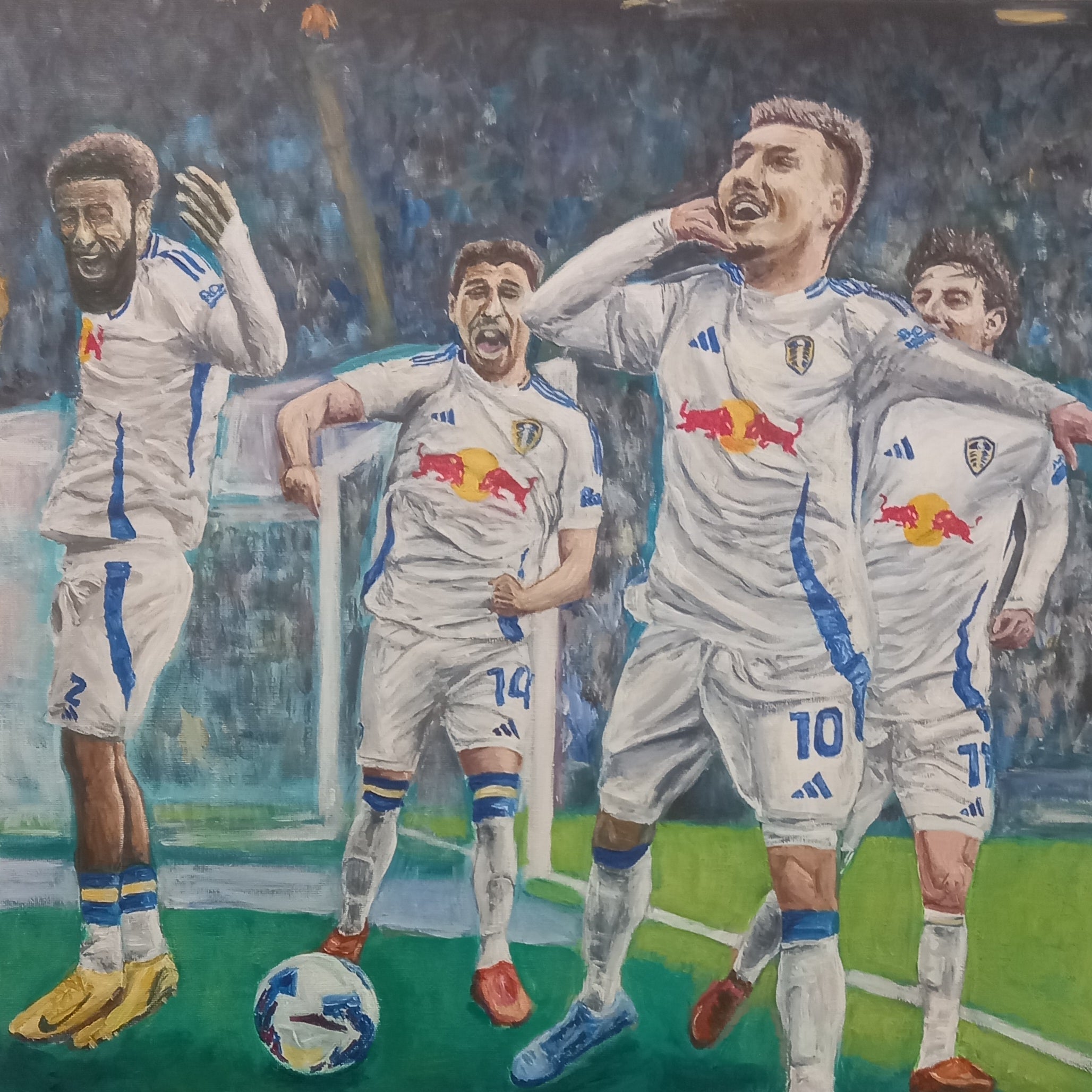 Original Leeds United football art painting celebrating Leeds United’s 6-0 win over Stoke City at Elland Road and promotion to the Premier League. Joel Piroe scores four goals in the first half, with Jayden Bogle, Manor Solomon and Brenden Aaronson featured. Acrylic painting on canvas inspired by Leeds United history, football culture and iconic Elland Road moments. Contemporary football artwork for Leeds United fans, sports art collectors and Premier League memorabilia enthusiasts