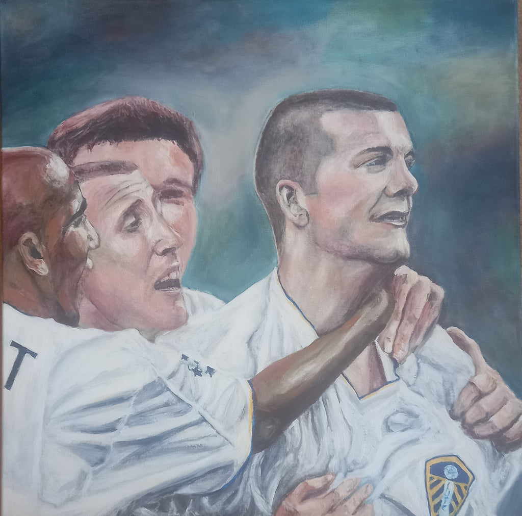 Leeds United Champions League art featuring Dom Matteo celebration at the San Siro against AC Milan in 2000. Original football painting inspired by Leeds United’s iconic European run, showing players celebrating in front of travelling Leeds fans. Acrylic painting on canvas by Rich Naylor. Leeds United wall art, LUFC artwork, football art, Yorkshire football painting, Elland Road memories, Champions League football canvas.
