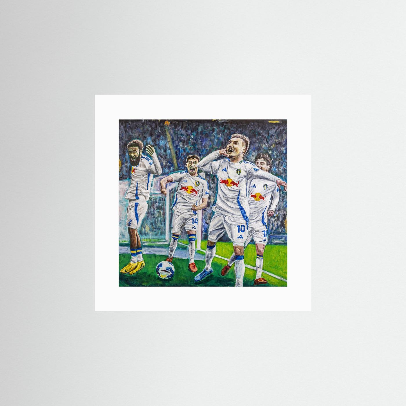 Leeds United football artwork celebrating Joel Piroe and modern Elland Road moments. Leeds United fine art print capturing football atmosphere, supporter passion and iconic celebrations. Contemporary football wall art for Leeds United fans.